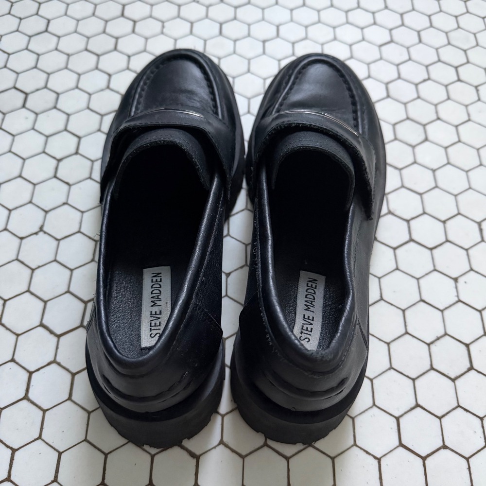 Steve Madden Loafers Black Leather Chunky Lug Sole Platform Penny Shoes 8 - Picture 2 of 6